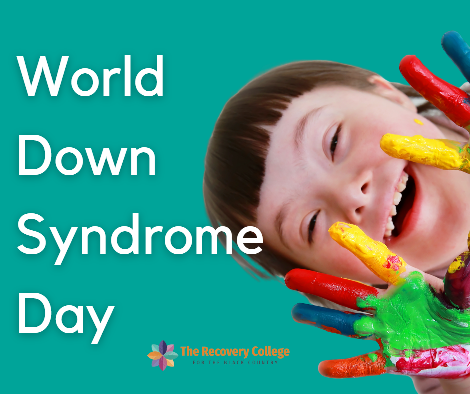 Image shows a young girl with down syndrome with paint on her finger tips, laughing. The background is a dark turquoise with bold white letters reading World Down Syndrome Day.