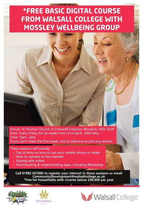 Image shows two women smiling in front of a computer. Red boxes overlay the image at the top and bottom with smaller descriptive text in white inserted.