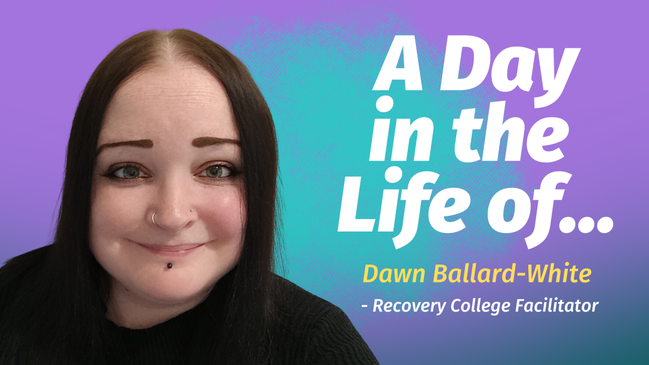 Image shows a teal and purple background with simple polka dot shapes. In the foreground Dawn is smiling. To the right is simple bold white text.