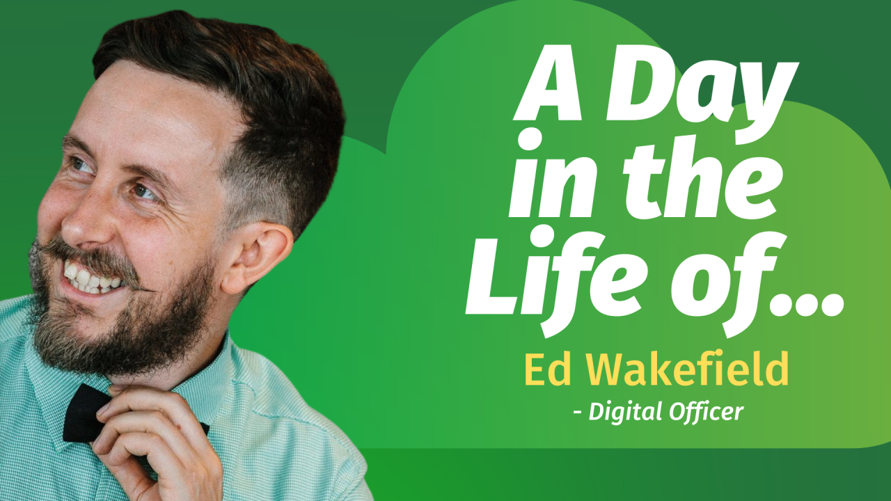 Image shows dark green background with a lighter green cloud. In the foreground Ed is smiling, wearing a green shirt and black bow tie. To the right is bold white text with smaller coloured font below.