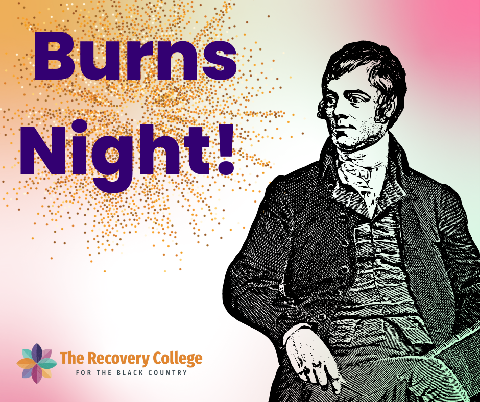 Image shows a black and white engraving of famous Scottish poet Robert Burns on the right of the post. The background is pink and orange with a firework explosion in the top left of the post. Bold blue text reads Burns Night! 