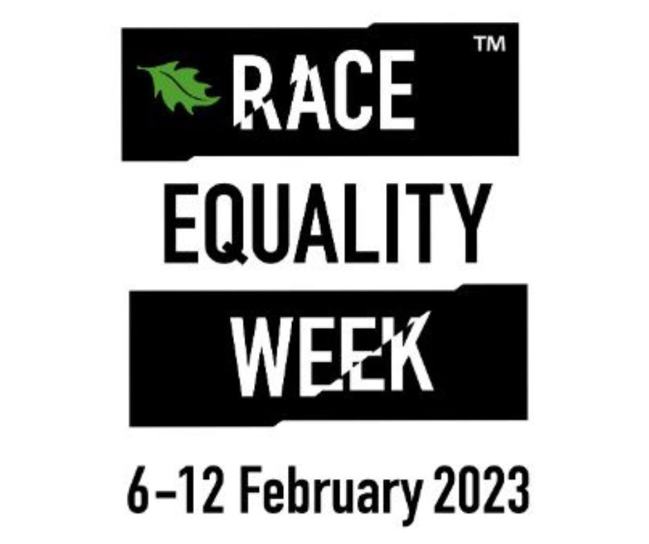 Image shows 3 blocks colour, black followed by white and then black again. In the top left of the image is a green holly leaf, followed by capitalised text that reads RACE EQUALITY WEEK. Dates for the equality week are 6th to 12th February.