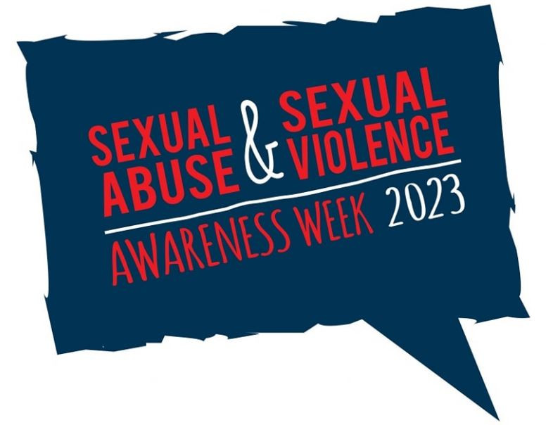 Image shows dark blue speech bubble with ragged edges. Inside the speech bubble is dark red text that reads Sexual abuse and sexual violence in capitals. Below this text is a thin white line. Underneath is the text: Awareness week 2023.