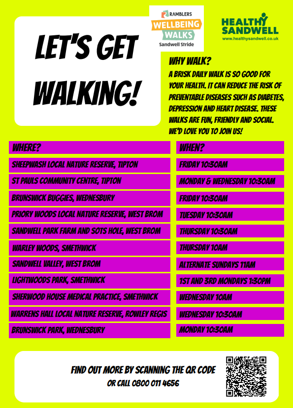 Image shows lemon yellow background with a blank white box in the top left. Let's Get Walking is written in bold black text in the box.  To the right are logos for Wellbeing Walks (Sandwell Strides) and Healthy Sandwell in green capital letters. Below are purple boxes headed Where? and When? on the left and right of the image respectively.