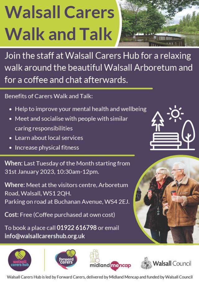 Image shows grey background with a pea green bar across the top with grey text that reads: Walsall Carers Walk and Talk, with an image of Walsall Arboretum on the right. Below is explanatory text in white, outlining the benefits of health walks. A simple white graphic of trees, sun and a park bench is on the middle right. Below is an image of an elderly man and woman smiling. 